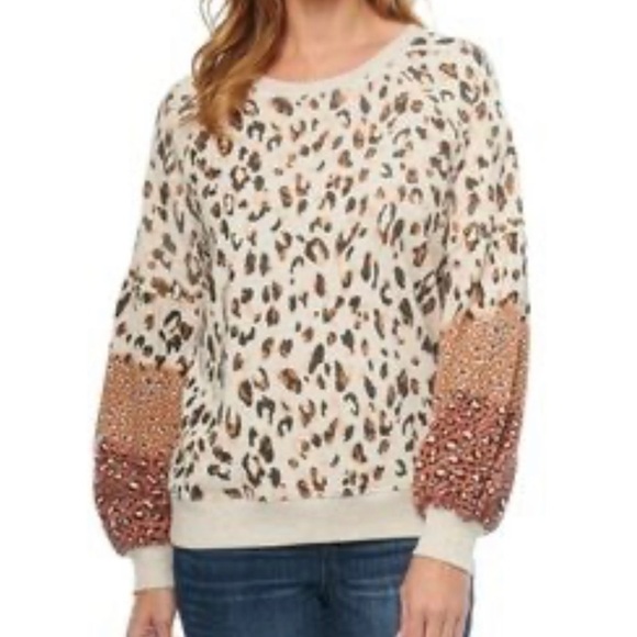 Democracy Animal Print Puff Sleeve Soft Comfy Long Sleeve Crewneck Shirt Sz MED - Picture 1 of 11